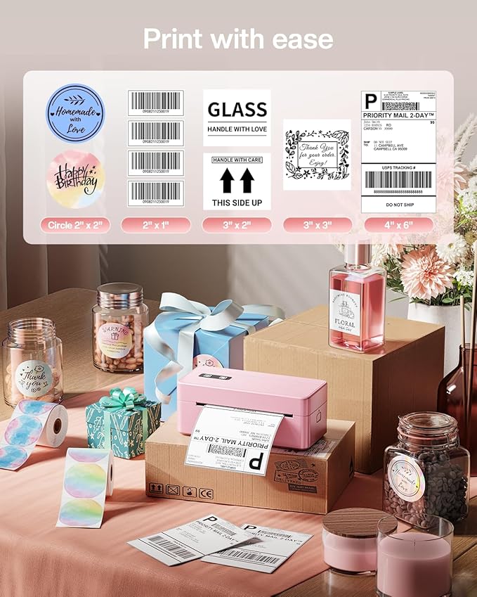 Bluetooth Thermal Shipping Label Printer, 2410BT 4x6 Label Printer for Small Business, Pink Label Printers Compatible with iPhone/Android & PC, Widely Used for Ebay, USPS, FedEx, Tiktok