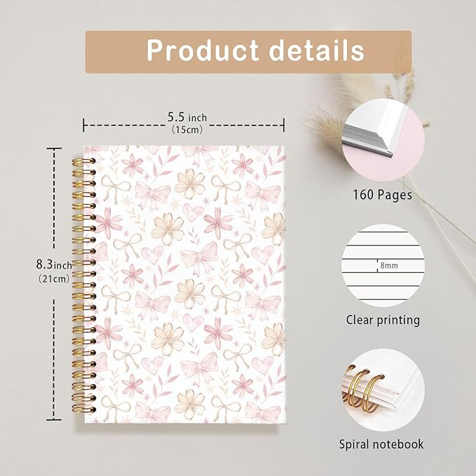Floral Spiral Notebook for Women Girls, Cute Notebooks for Women Girls, Coquette Pink Bow Floral Journal A5, Gift for Women, Pretty Gift for Teen Girls Students