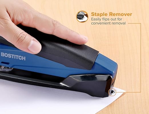 Bostitch Office Executive 3 in 1 Stapler, Includes 210 Staples and Integrated Staple Remover, One Finger Stapling, No Effort, 20 Sheet Capacity, Spring Powered Stapler, Navy Blue