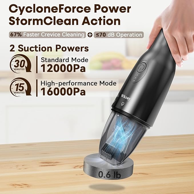 Wkzay Small Handheld Vacuum Cordless with Brushless Motor – 16,000Pa Strong Suction, Fast Charging, Low Noise, Lightweight and Portable for Home, Apartment, Dorms, Small Spaces