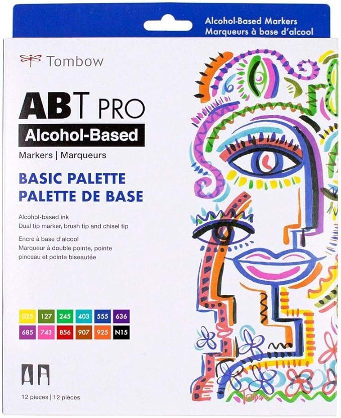 Tombow 56961 ABT PRO Alcohol Markers, Basic Palette, Set of 12 Colors - Dual Tip, Permanent Art Markers Feature Chisel and Brush Tips Perfect for Coloring, Sketching, and Illustration