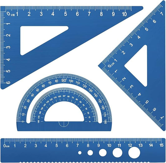 Honagu Triangular Ruler Set, 4 Pieces Aluminum Alloy Ruler, Metal Drafting Ruler, Geometric Protractor for Students, Draftsmen, Engineers, School Office Supplies (Blue)
