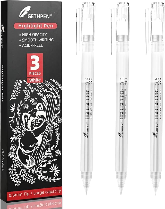 0.6mm Fine Point White Gel Pens, 3-Pack for Artists Drawing, Sketching, Illustration, and Adult Coloring Books, Opaque White Ink for Black Paper, Bullet Journaling, and Card Making