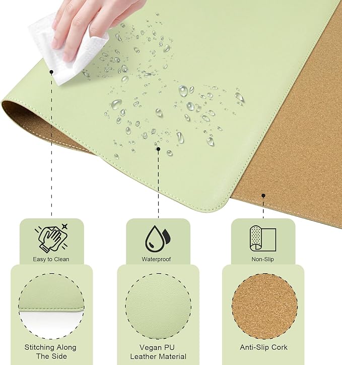 Large Desk Pad Mat 47.2" x 17", Office Desk Mat, Non-Slip PU Leather & Cork Desk Blotter for Keyboard and Mouse, Large Desk Mat, Large Mouse Pad for Office & Home(Matcha)