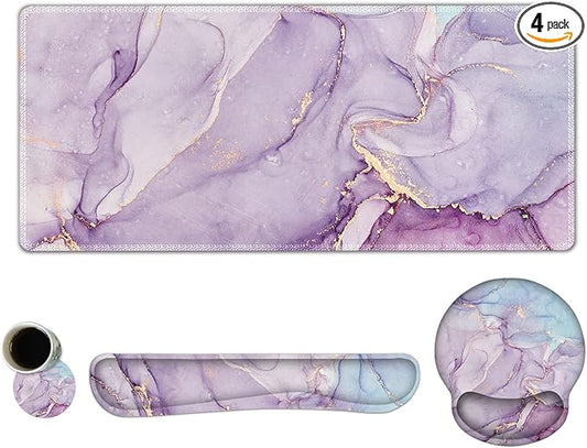 ARTSO Large Mouse Pad Ergonomic Keyboard Wrist Rest Support Set, Memory Foam Gel Wrist Pad, Extended Desk Mat Protector, Non-Slip Desk Blotter, Purple Blue Marble