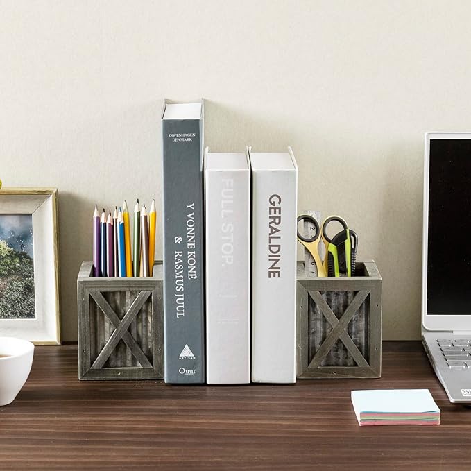 MyGift Vintage Gray Wood Decorative Bookends with Corrugated Galvanized Metal Accent, Desktop Book Ends with Pen Holder Pencil Cup Stationery Storage Bins for Home Office, Classroom, Dorm Room, 1 Pair