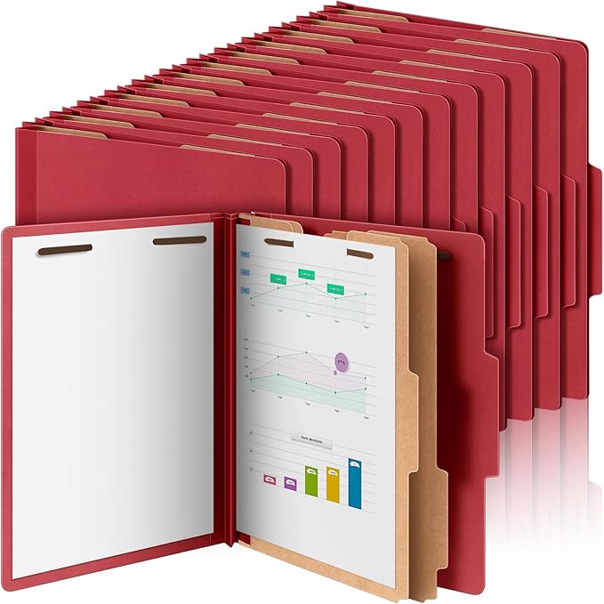 12 Pcs Classification Folders Letter Size Bulk - 2 Dividers Pressboard File Folder with 3. 5 Inch Expansion, 2 Prongs Fastener, Heavy Duty Office File Organizer for Teacher Medical (Dark Red)