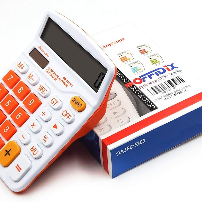 OFFIDIX Office Solar Desktop Calculator and Battery Dual Power Portable Electronic Calculator 12 Digits Large LCD Display Calculator Orange