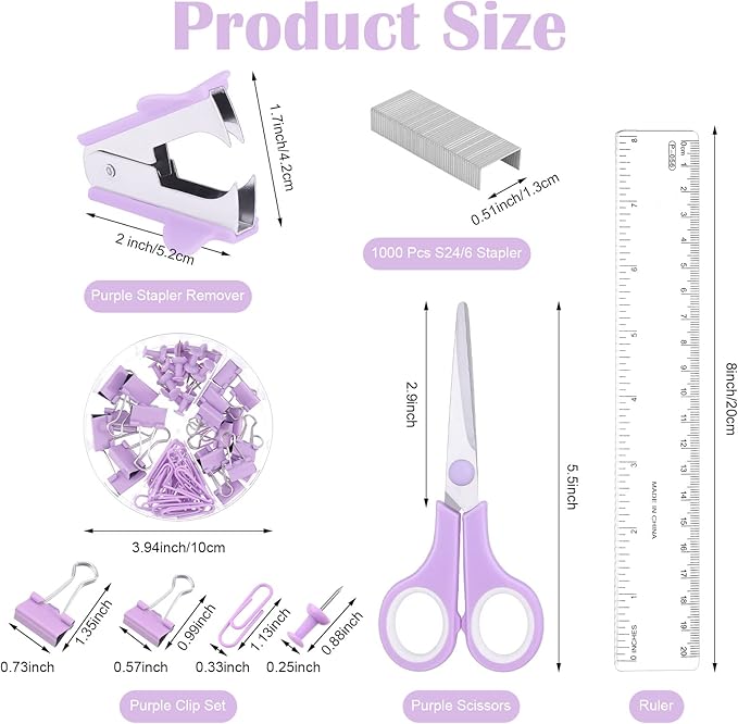 Purple Mesh Desk Organizer and Accessories, Purple Office Supplies 7 Compartments Desk Organizer with Stapler,Tape Dispenser,1000 Staples,Pen Holder,Staple Remover,Clips,Ruler,Scissors