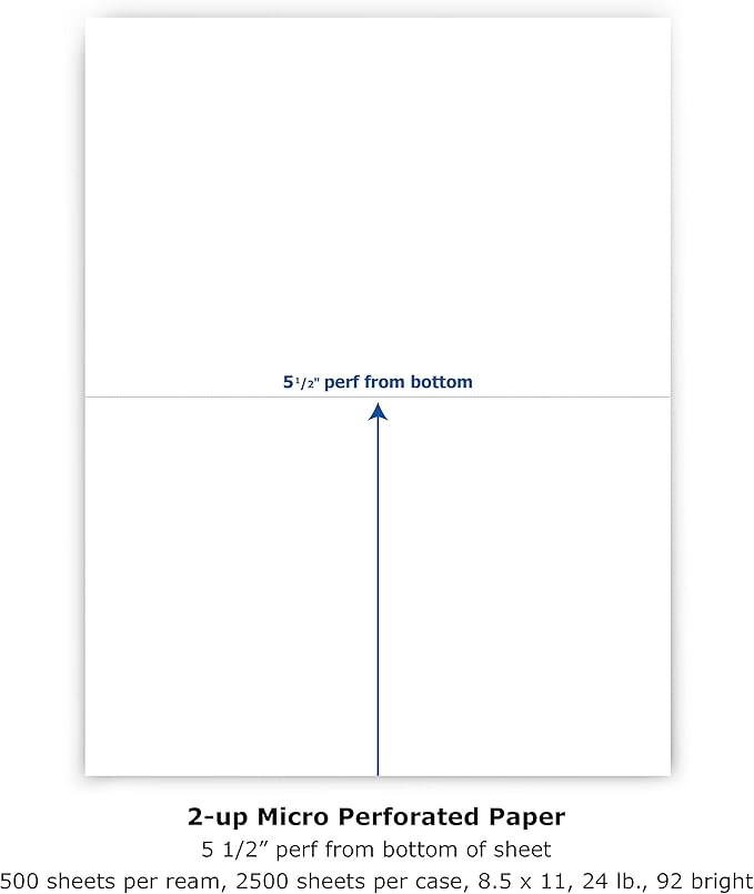 PrintWorks Professional Half Sheet Perforated Paper 8.5” x 11” - Perfect For W-2, 1099, & Statement Use - Made in the USA - 2500 Sheets - 20 lb - A5 Paper - Printer Compatible - White (04116C)