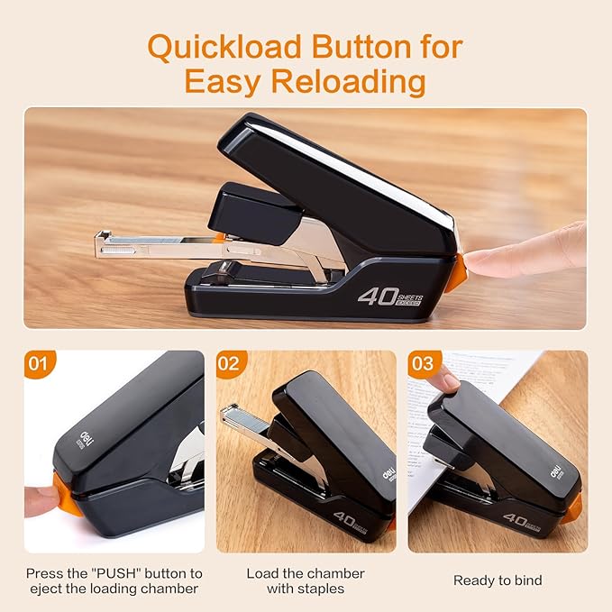 Deli Stapler, Effortless Staplers for Desk, 40 Sheet Capacity Heavy Duty, One Touch, No Effort, Easy to Load,with 2000 Staples & Staple Remover, Good for Office, Home Use, Black