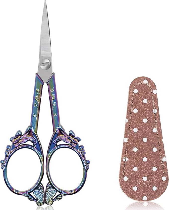 BIHRTC Small Threading Scissors 4.5 Inch Vintage Sharp Detail Shears with Artificial Leather Cover Stainless Steel Tip Dressmaker Shears DIY Tools for Embroidery Crochet Craft Needlework