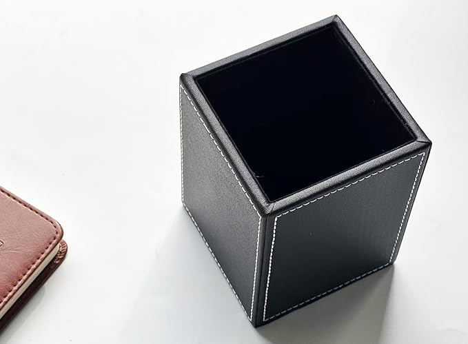 Square Pen Pencil Holder, PU Leather Pencil Cup, Desktop Stationery Organizer, Stand Desk Organizer, Office Accessories Container (Black)