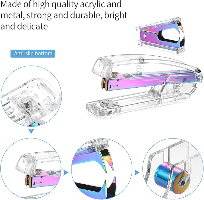 Office Supplies Set Desk Accessory Kit, Acrylic Stapler Set Staple Remover, Tape Dispenser, Binder Clips, Paper Clips, Ballpoint Pen and Scissor with 1000 Pieces 26/6 Staples (Rainbow Color)