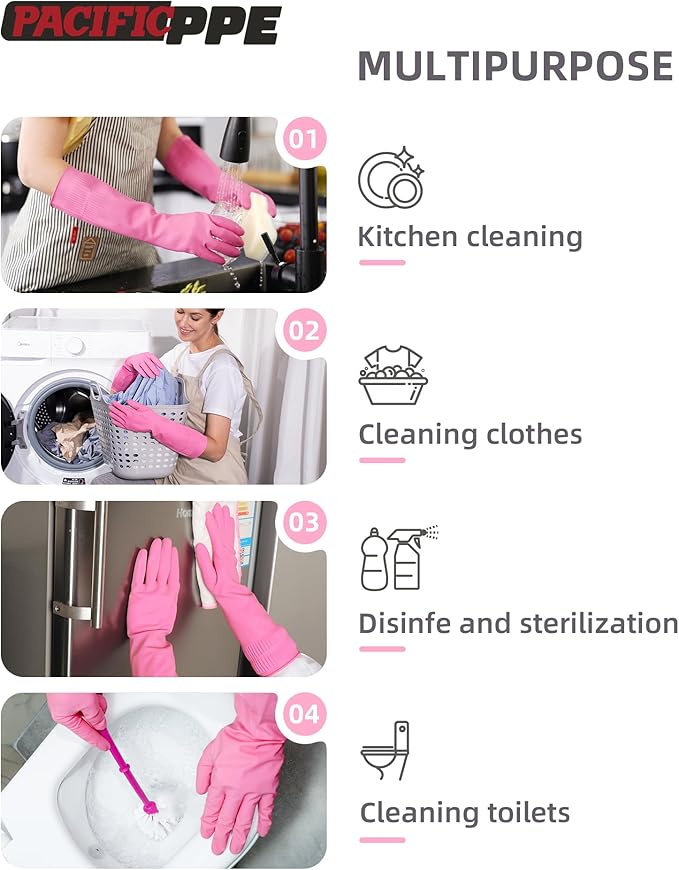 PACIFIC 2 Pairs Reusable Rubber Gloves for Washing Dishes and Cleaning Tasks, Water Resistant Household Gloves for Kitchen Bathroom, Grippy Latex Dish Washing, Pink, Meidum