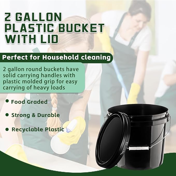 6 Pcs 2 Gallon Black Bucket with Lid and Handle, Large Plastic Storage Paint Pail Brine, Fermenting for Beer, Wine or Any Other Fermented Beverage