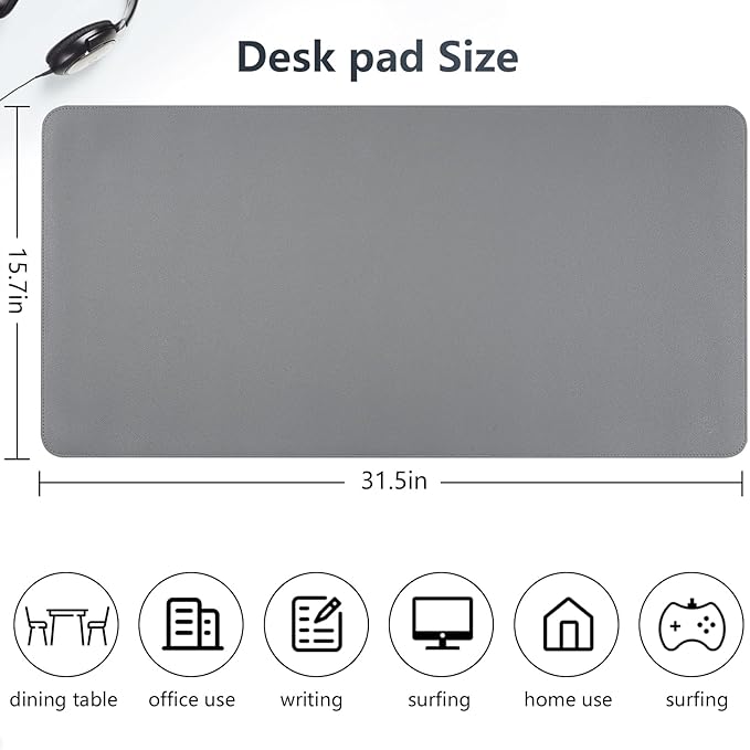 Dual-Sided Desk Pad, Large Mouse Pad, Natural Cork & PU Leather Non-Slip Waterproof Desk Mat for Office and Home (Gray, 31.5" x 15.7")