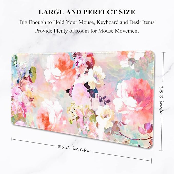 Auhoahsil Desk Pad, XXL Large Mouse Extended Gaming Mousepad, Cute Mat for Women, Big Office Accessories Pad Computer Keyboard and Laptop, 35.5 x 15.7 Inch, Pretty Pink Flowers, Girly Flowers