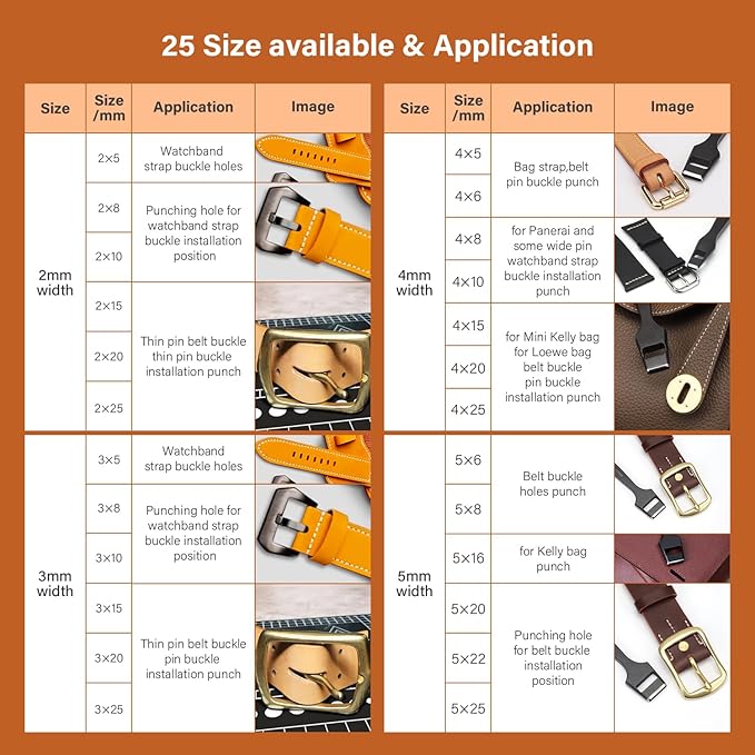 WUTA 4 Pcs Leather Belt Hole Puncher Oval Cutter Strap Watch Band Flat Punches Heavy Duty Oblong Tools for Leathercrafting (3 * 20+3 * 25+4 * 20+4 * 25)