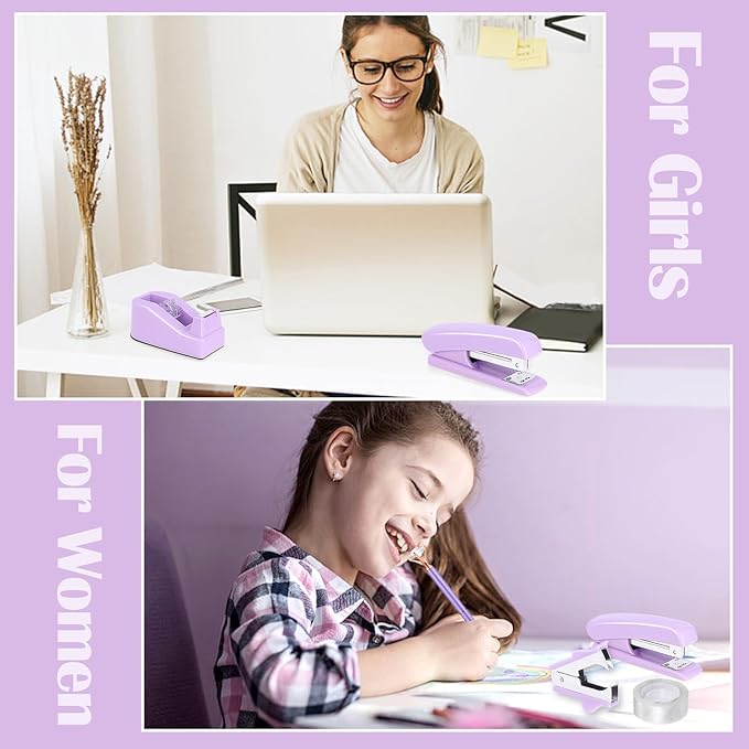 13 in 1 Purple Desk Office Supplies Set, Purple Stapler and Tape Dispenser Desk Accessories for Women with Stapler,Tape Dispenser,1000 Staple,Pen Holder,Staple Remover,Clip,Ruler,Scissor, Tab,Tape,Pen
