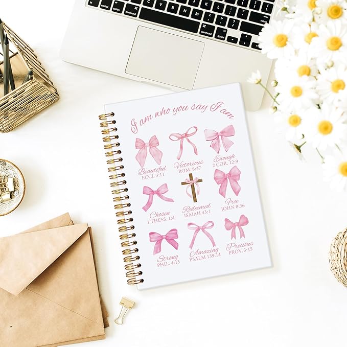 Bible Journal, Coquette Pink Bow Notebook Journals, Christian Gifts for Women, Coquette Office Supplies, Bible Notebooks for Note Taking，I am Beautiful Hardcover Spiral Notebook 5.5x8.3