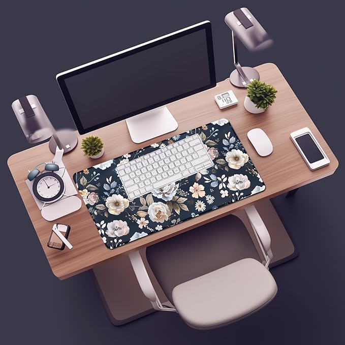 Floral Large Desk Mat 31.5 x 15.7 inch, Waterproof Extended Gaming Mousepad XXL, Aesthetic Flowers Desktop Mat, Non-Slip Keyboard and Laptop Pad, Computer Writing Mat for Home Office Accessories