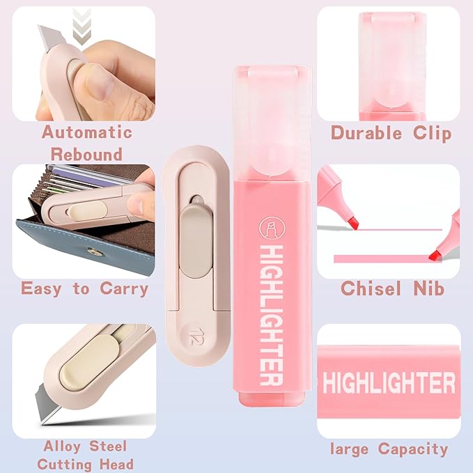 11 Pcs Cute Stationery Set Kawaii Office School Supplies Including Gel Pens Erasable Pens 6-in-1 Multicolor Ballpoint Pens Highlighters Mechanical Pencil Erasers Correction Tape Utility Knife (Pink)