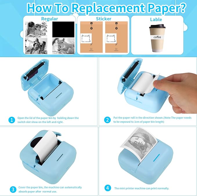 HuiJuKeJi Mini Sticker Printer Bluetooth Smart Pocket Inkless Thermal Printer with 11 Rolls Thermal Paper and Sticker for iOS&Android, Portable Receipt Printer for Photo Journal Notes Memo