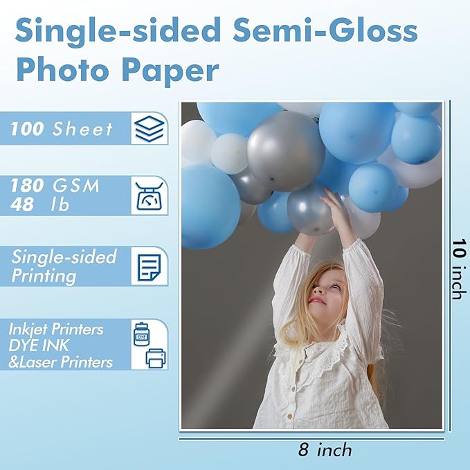 Koala Semi-Gloss Photo Paper 8X10 Inches 100 Sheets for Inkjet and Laser Printers Use DYE INK 48LB 180gsm Professional Paper