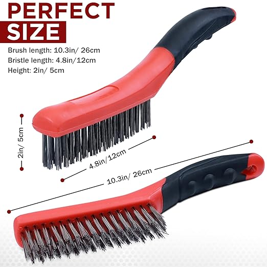 TAKAVU Heavy Duty Wire Brush Set 2pcs, Carbon Steel and Stainless Steel Wire Scratch Brush with 10" Curved Plastic Handle for Cleaning Rust, Paint, Welding