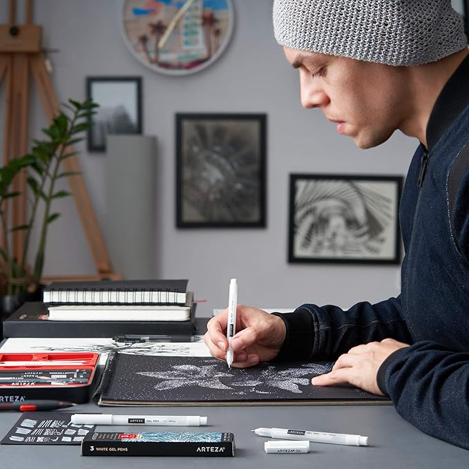 ARTEZA White Gel Pens, Pack of 3, White Rollerball Pens for Artists, Ideal for Drawing and Writing