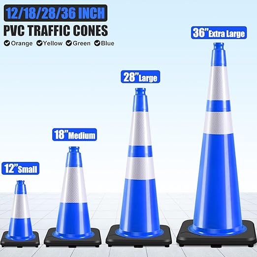 Fluorescent Orange/Green PVC Traffic Cones, Heavy Black Base Parking Lot Cone Structurally Stable Weatherproof Road Construction Safety Cones (8, Blue, 28" Large)