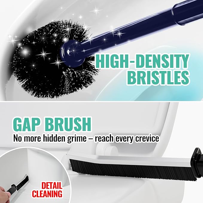 2PACK 4 in 1 Toilet Brush and Plunger Set with Crevice Cleaning Brush, Toilet Plunger and Brush Set with Extra Long Handle, Plungers for Bathroom Accessories, Toilet Plunger with Holder, Navy Blue
