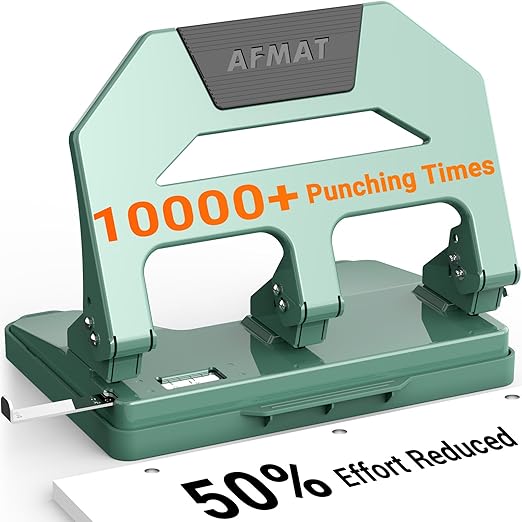 AFMAT HPX2 Heavy Duty 3 Hole Puncher, 40-Sheet Three Hole Punch Heavy Duty, 50% Reduced Effort Paper Punch, 10K+ Uses, Metal Hole Puncher 3 Ring w/Large Tray, Bulit-in S.S. Paper Guide, Green