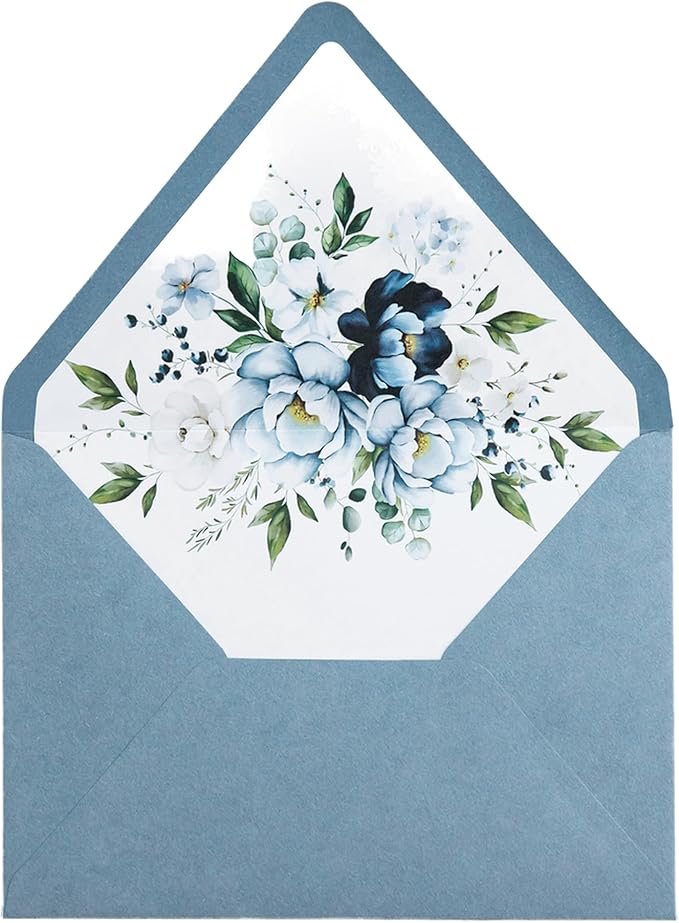 PONATIA 50PCS A7 Euro Flap Envelopes, 5.25 x 7.25'' Dusty Blue Flowers Liner Envelopes for Wedding Invitations, Photos, Postcards, Greeting Cards, Christmas Gift Cards, Acrylic Mailing, 5x7 envelopes