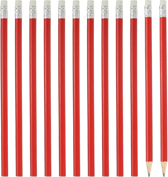 PATIKIL Round Wooden Pencils Bulk, 12 Pack HB Graphite Pencils with Eraser for Office Supplies, Engineering Marking Writing Art Drawing Supplies, Red