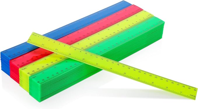 Zonon 100 Pcs 12 Inch Plastic Ruler Assorted Colors Rulers with Centimeters Millimeter and Inches Shatterproof Straightedge Bulk for Classroom School Home Office Kids(Plastic,Yellow, Green, Blue, Red)
