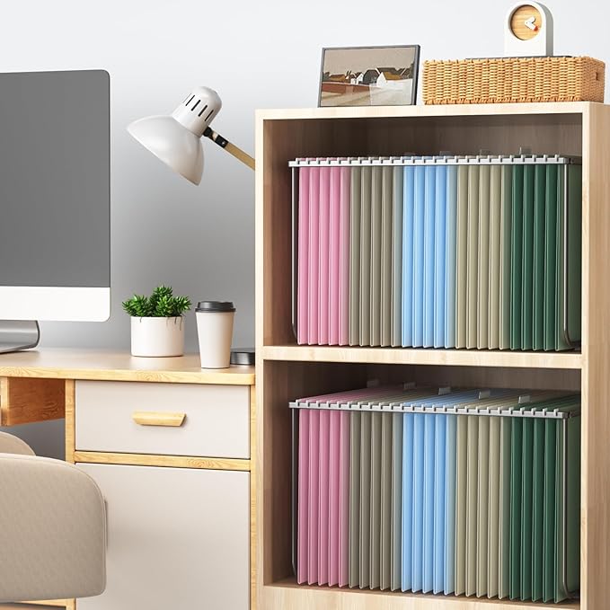 Hanging File Folders Letter Size, Metal File Frame with 25 Pcs Colored Hanging File Folders, 2'' Extension 1/5-Cut Tabs File Organizer Includes Hanging Folders for Desk Office Filing Cabinet