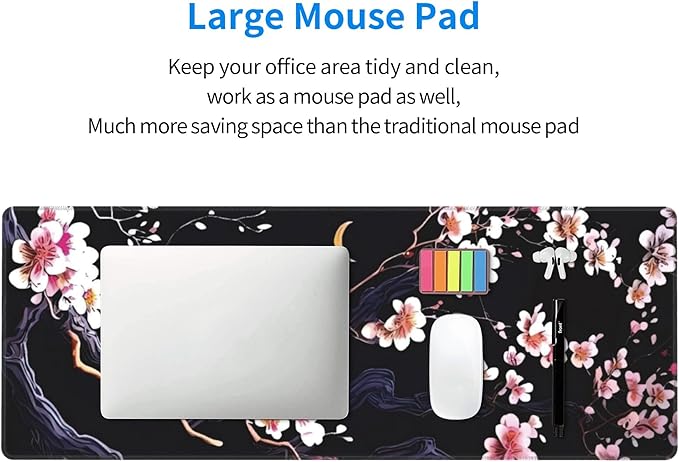 Plum Blossom and Moon Large Mouse Pad, Japanese Flowers Gaming Desk Mat, XL Keyboard Desk Pad Mat for Desktop, 31.5"x11.8" Non-Slip Base Big Mousepad with Stitched Edges
