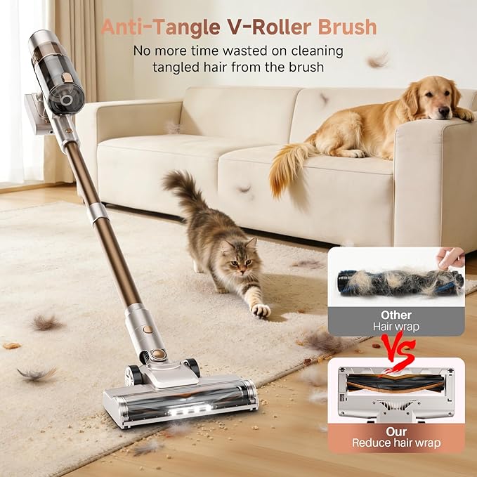 Clinkal Cordless Vacuum Cleaner: 40KPA Powerful Suction Cordless Stick Vacuum Cleaners for Home, Anti-Tangle Brush, Lightweight, 6-in-1 Rechargeable Vacuum for Pet Hair/Carpet/Hard Floor(Off-White)