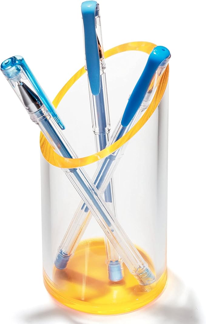 OfficeGoods Acrylic Pen & Pencil Holder - Modern Cylinder Design - Beautiful Desk Organizer for Home or Office - Contrasting Base & Rim - 5.25” H x 2.5” W - Neon Tangerine