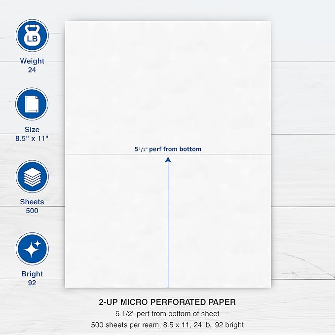 PrintWorks Professional Half Sheet Perforated Paper 8.5” x 11” - Perfect For W-2, 1099, & Statement Use - Made in the USA - 500 Sheets - 20 lb - A5 Paper - Printer Compatible - White (04116)
