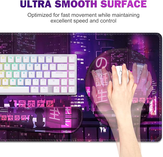 Gaming Mouse Pad, Large Desk Mat, Cute Desk Pad, 4in1 XXL Mousepad + Keyboard Wrist Rest+Mouse Wrist Rest+Coaster Set with Ergonomic Desk Pad for Home Office Table Computer, Purple Anime Neon