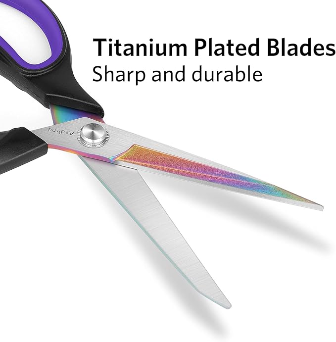 Professional Fabric Scissors, Heavy Duty Titanium Coating Sewing Scissors, Ultra-Sharp Blade Fabric Shear, Ergonomic Rubber Handle, Great for Craft, Sewing, Leather Tailor, 9.4”, Black/Purple
