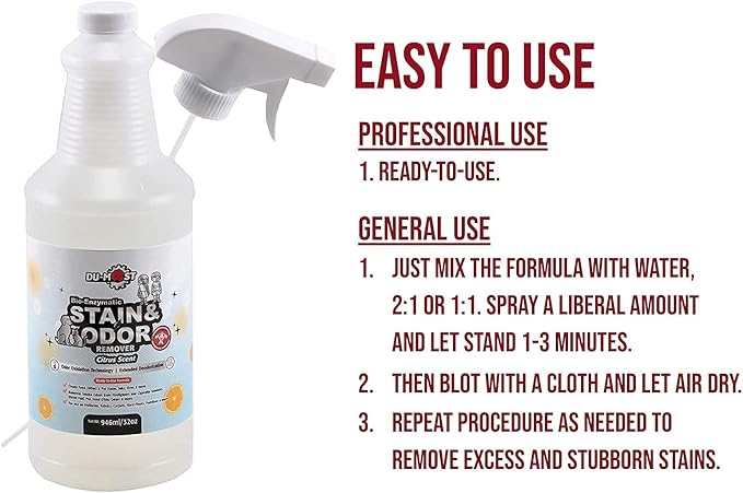DU-MOST Bio-Enzymatic Stain & Odor Remover, Professional-Grade & Biodegradable, Cleans Pet Urine/Feces, Wine/Ink/Dye/Smoke/Fabric/Floor/Carpet, 32 Oz