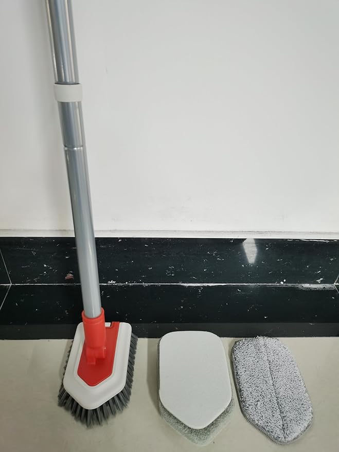 JEHONN Shower Cleaning Brush, Tub Tile Scrubber with Telescopic 51 inches Long Handle, 4 Scrub Heads for Bathroom Bathtub Floor Baseboard Sink Toilet