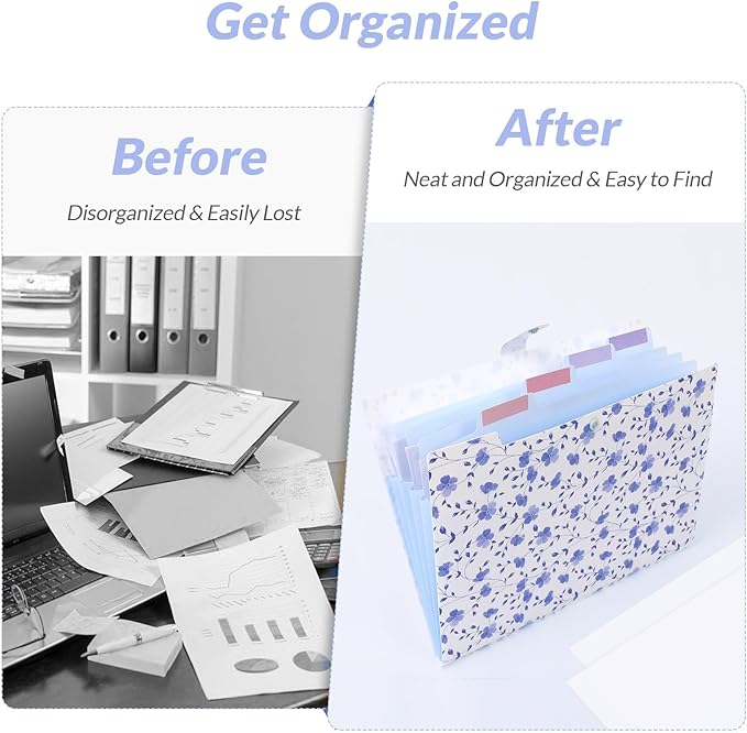 SKYDUE Expanding File Folder with 5 Pockets, Floral Accordion File Organizer for Important Document，Portable Receipt Paper Organizer，School Office Supplies,Blue