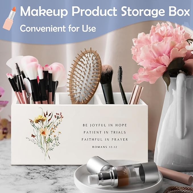 SNNDER Floral Christian Pen Holder for Desk, Christian Religious Gifts for Women, Romans 12:12 Bible Verses Wooden Pen Pencil Holder Organizer for Home Office Desk Accessories