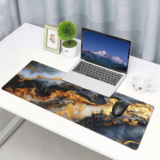 Marble Mouse pad,Office Desk Mat 31.5"×11.8" Large Gaming Mouse Pad,Durable Extended Computer Mouse Pad,Waterproof Thick Big Mouse Pads with Non-Slip Rubber Base Office Home Black Gold Marble