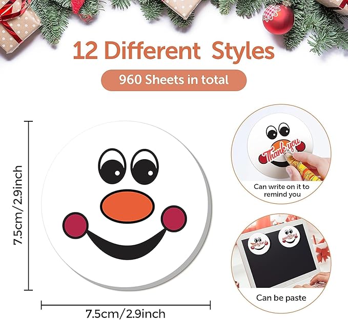 48Pcs Christmas Snowman Face Sticky Notes Cute Snowman Expression Memo Notes Self-Adhesive Winter Memo Notes for Christmas Winter School Office Home Supplies Student Teacher Present 12 Styles